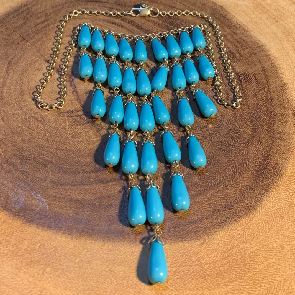 J Crew Baby Blue Tear Drop Beaded Boho Statement Bib Necklace Silver Tone Chain